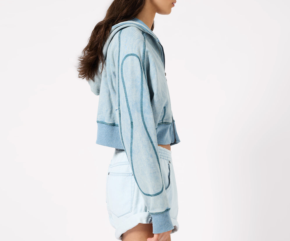 Cropped Fleece Zip Hoody - Washed Blue