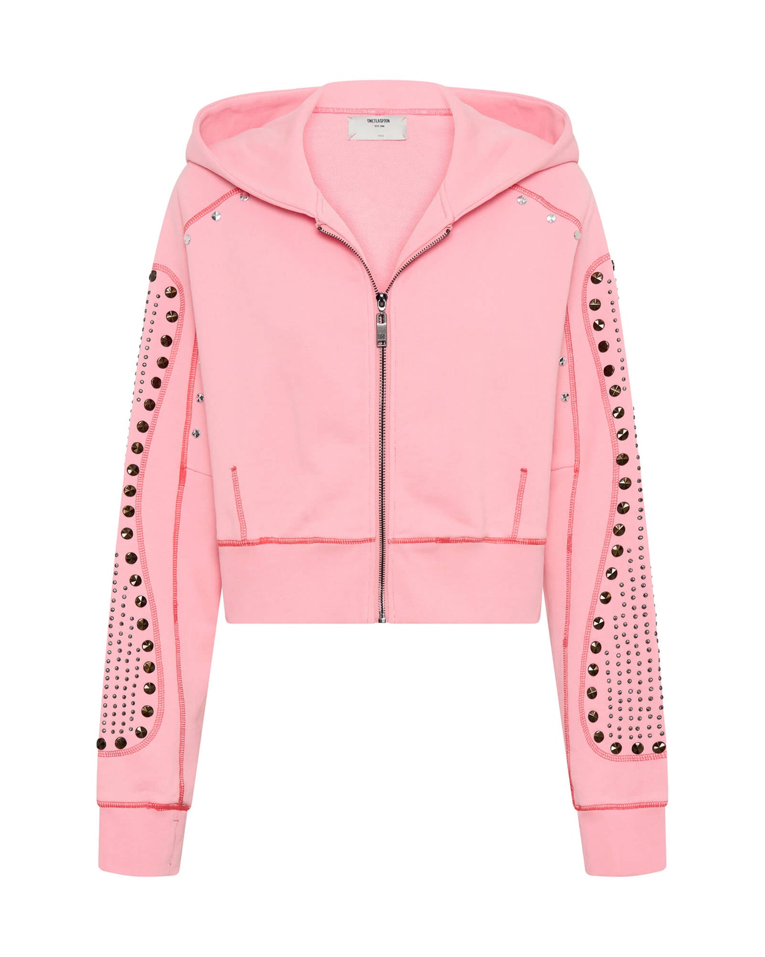 Pink Studded Cropped Sweater Hoody - Candy Coral Pink
