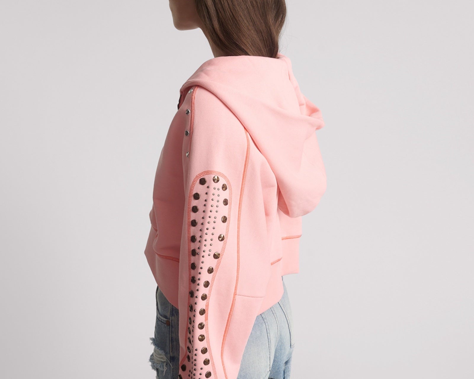Studded Cropped Sweater Hoody - Candy Coral Pink