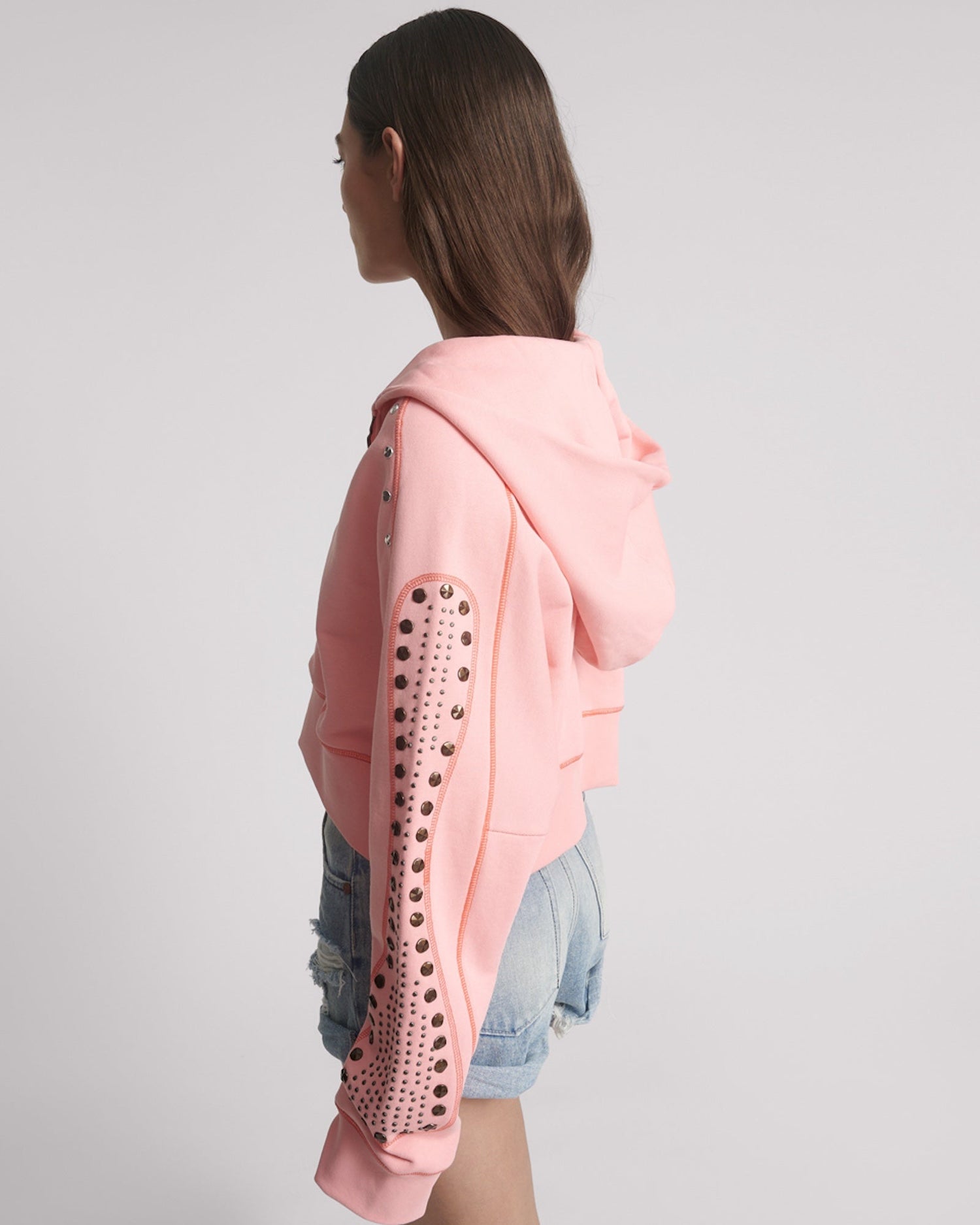 Pink Studded Cropped Sweater Hoody - Candy Coral Pink