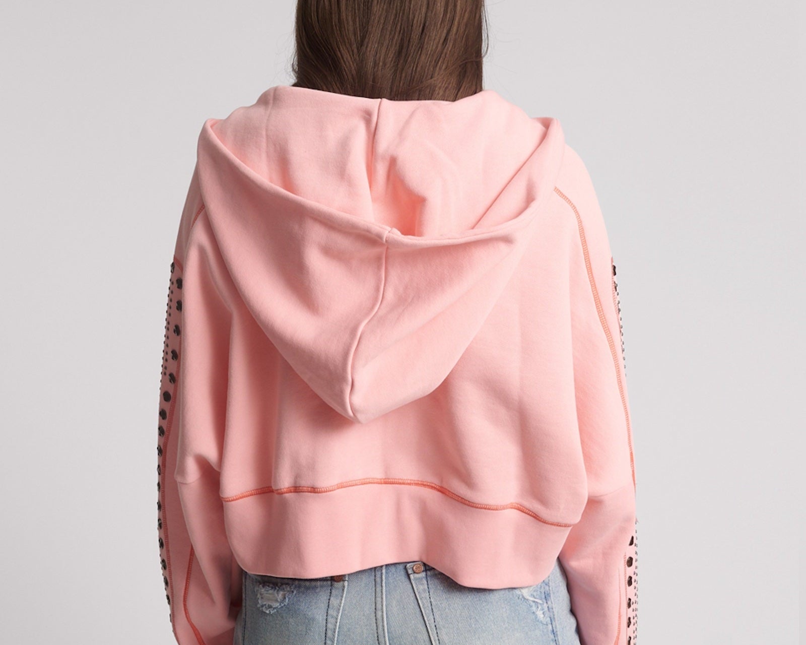 Studded Cropped Sweater Hoody - Candy Coral Pink