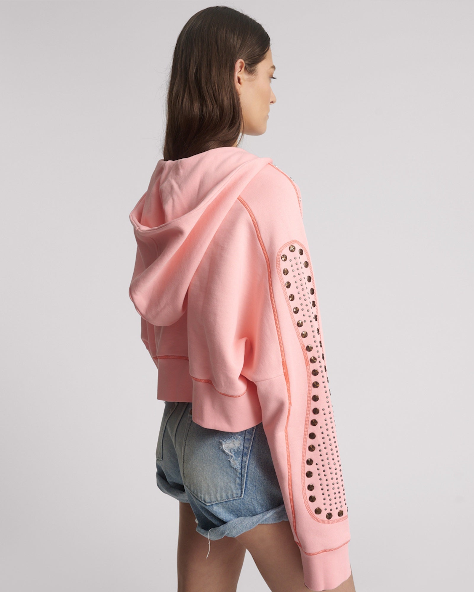 キャンディーガールトップス Studded Cropped Sweater Hoody - Candy Coral Pink | One Teaspoon USA