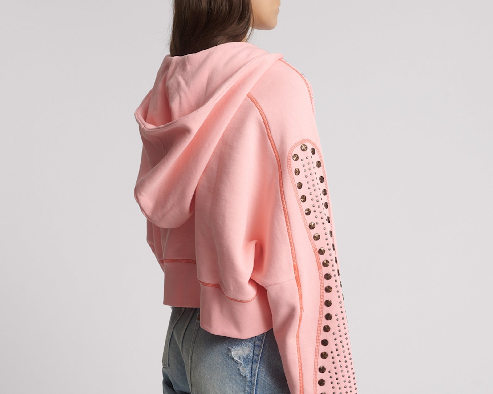 Studded Cropped Sweater Hoody - Candy Coral Pink