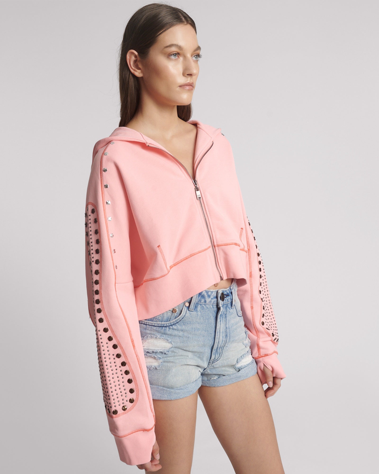Studded Cropped Sweater Hoody - Candy Coral Pink | One Teaspoon USA