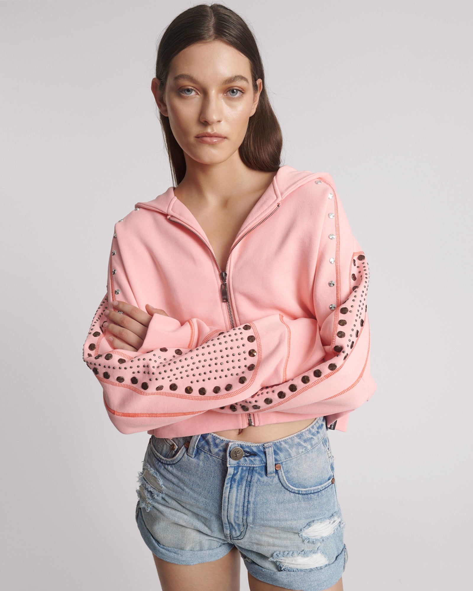 Studded Cropped Sweater Hoody - Candy Coral Pink | One