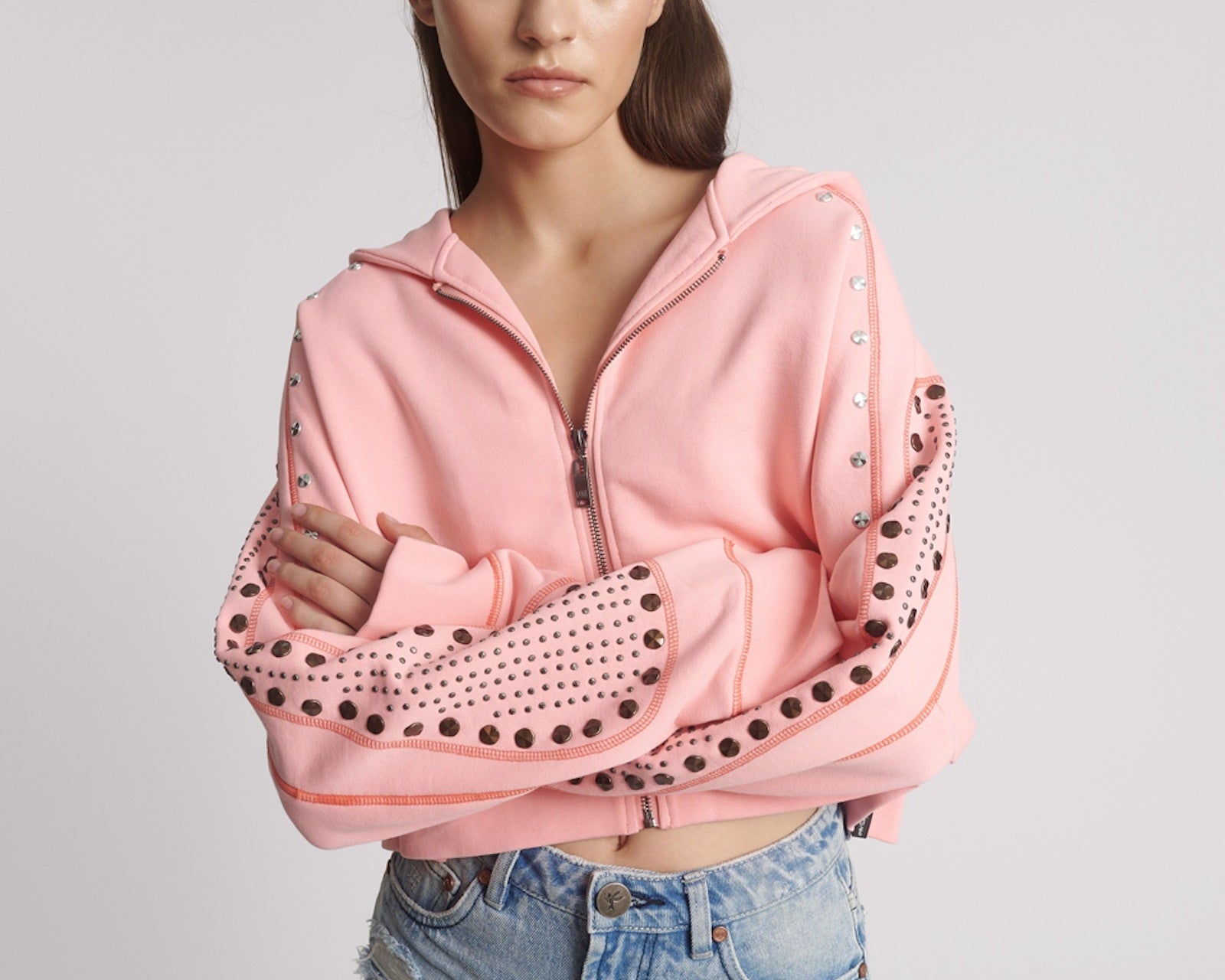 Studded Cropped Sweater Hoody - Candy Coral Pink