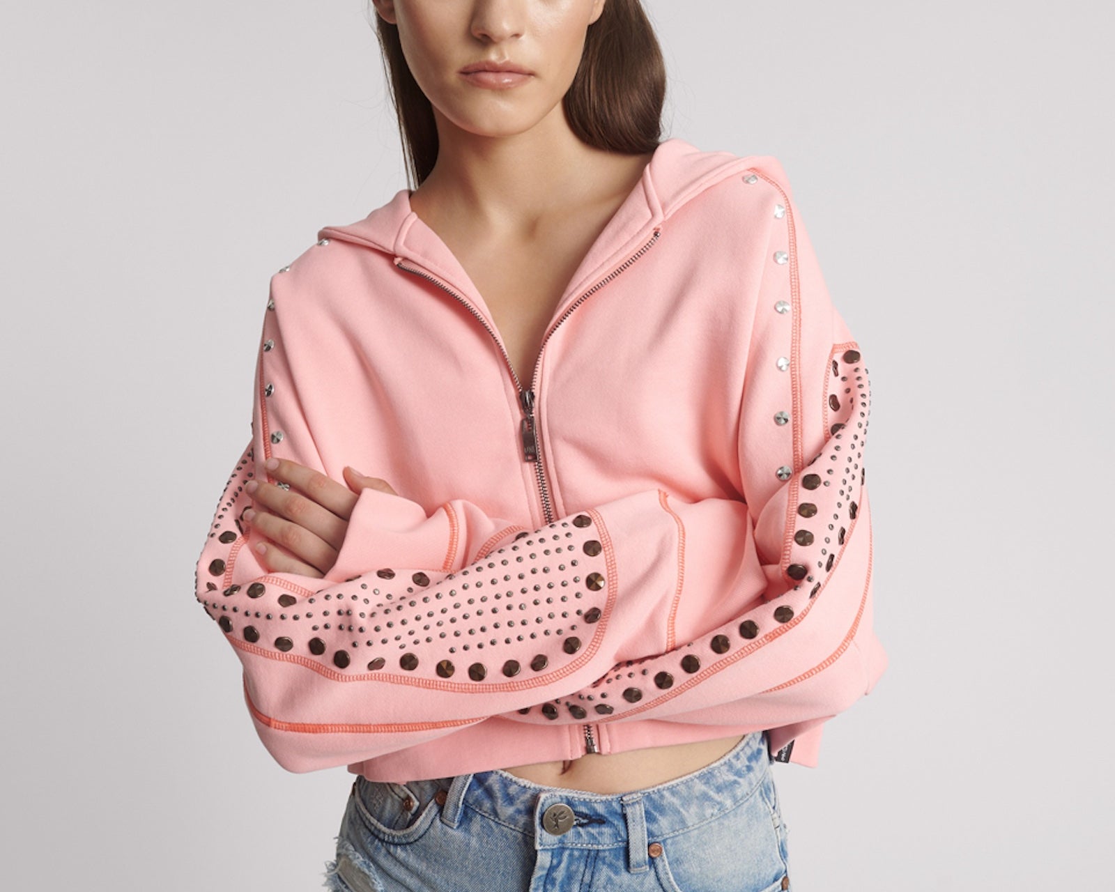 Studded Cropped Sweater Hoody - Candy Coral Pink