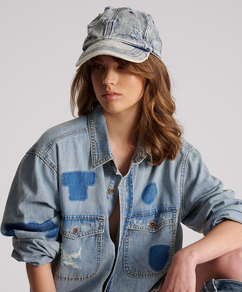 Vintage Distressed Denim Hat - Light Acid Wash, Adjustable Clip, Cotton