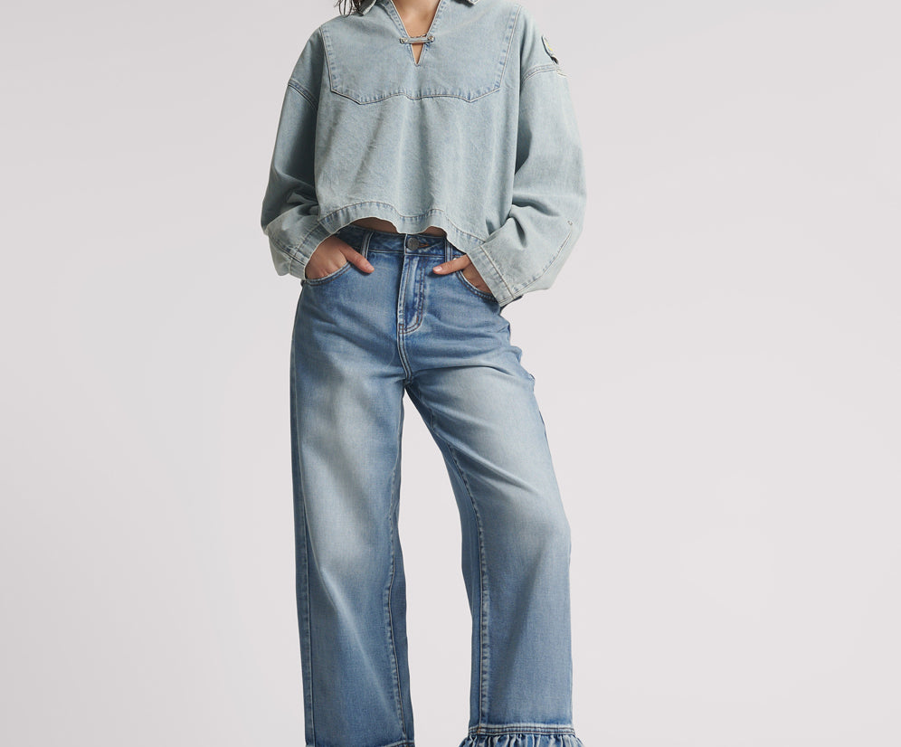 Big Loves Mid Waist Wide Leg Frilled Denim Jeans - Blue Summer