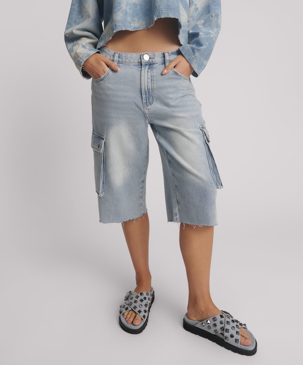 Women's Denim Skater Girl Low Waist Super Long Leg Shorts - Soft Blue