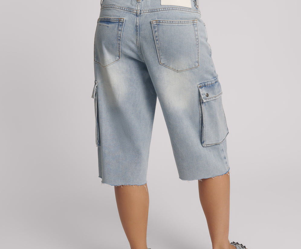 Skater Girl Low Wast Long Leg Shorts - Soft Blue