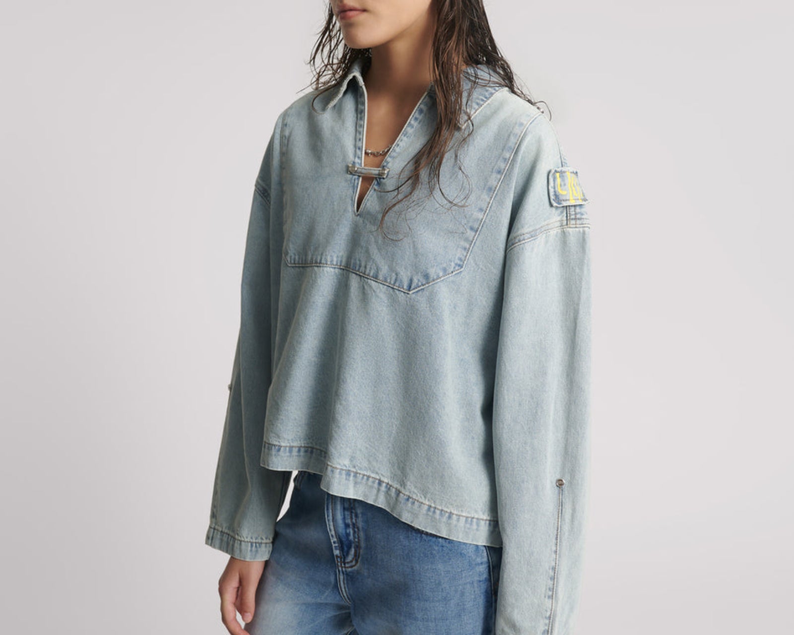 Retro Pullover Denim Shirt - Soft Blue