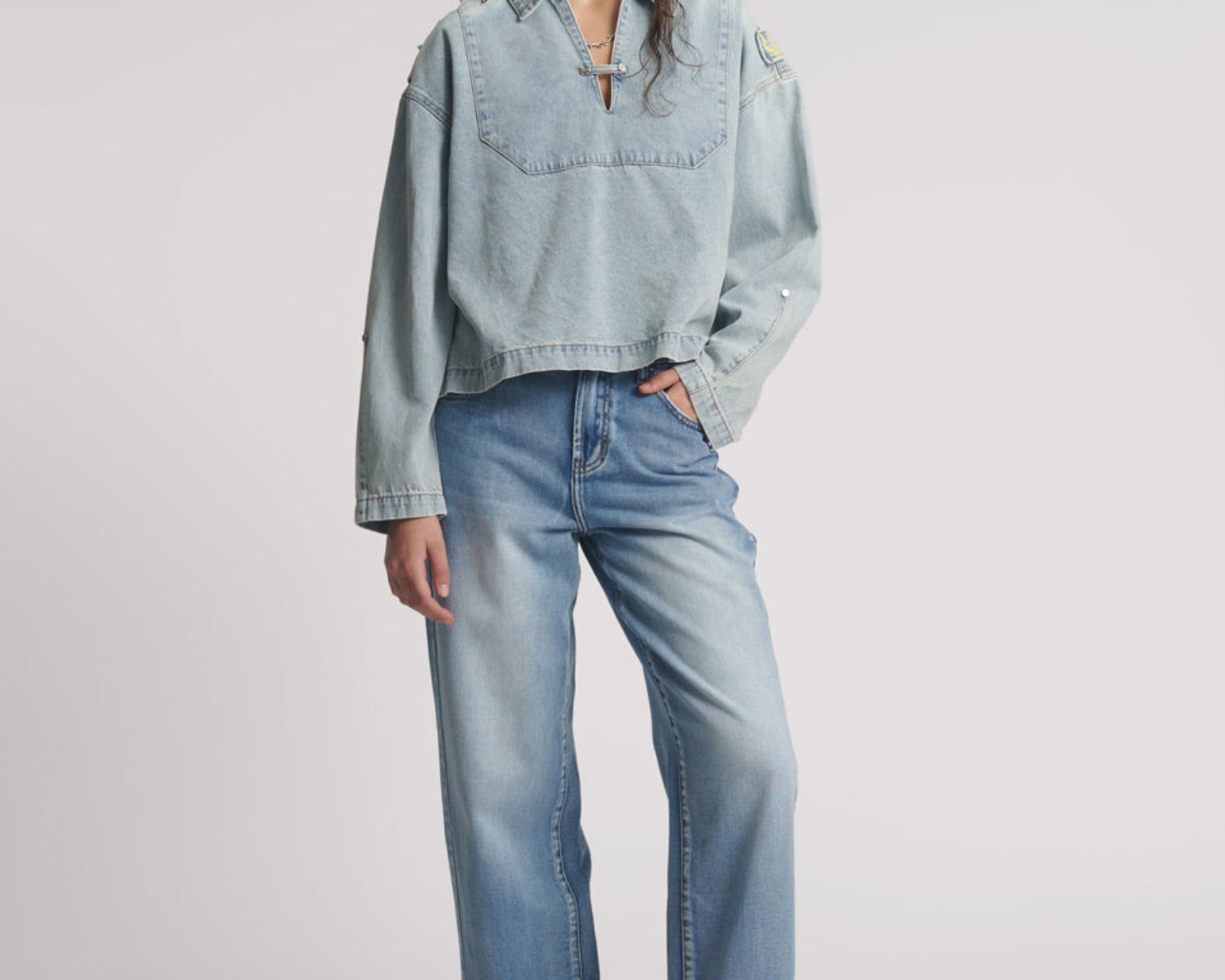 Retro Pullover Denim Shirt - Soft Blue
