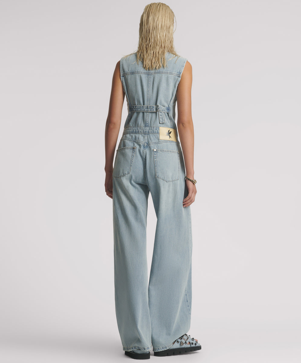 【なあ】BACK OPEN DENIM ALL IN ONE Love Machine Sleeveless Wide Leg Fitted Denim Jumpsuit