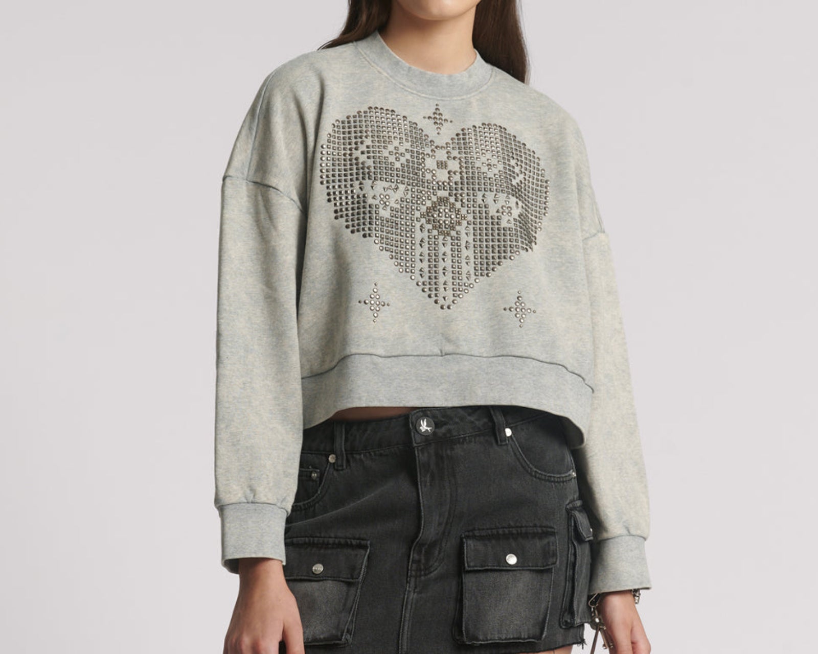 Studded Heart Grey Cropped Sweater - Grey Marl