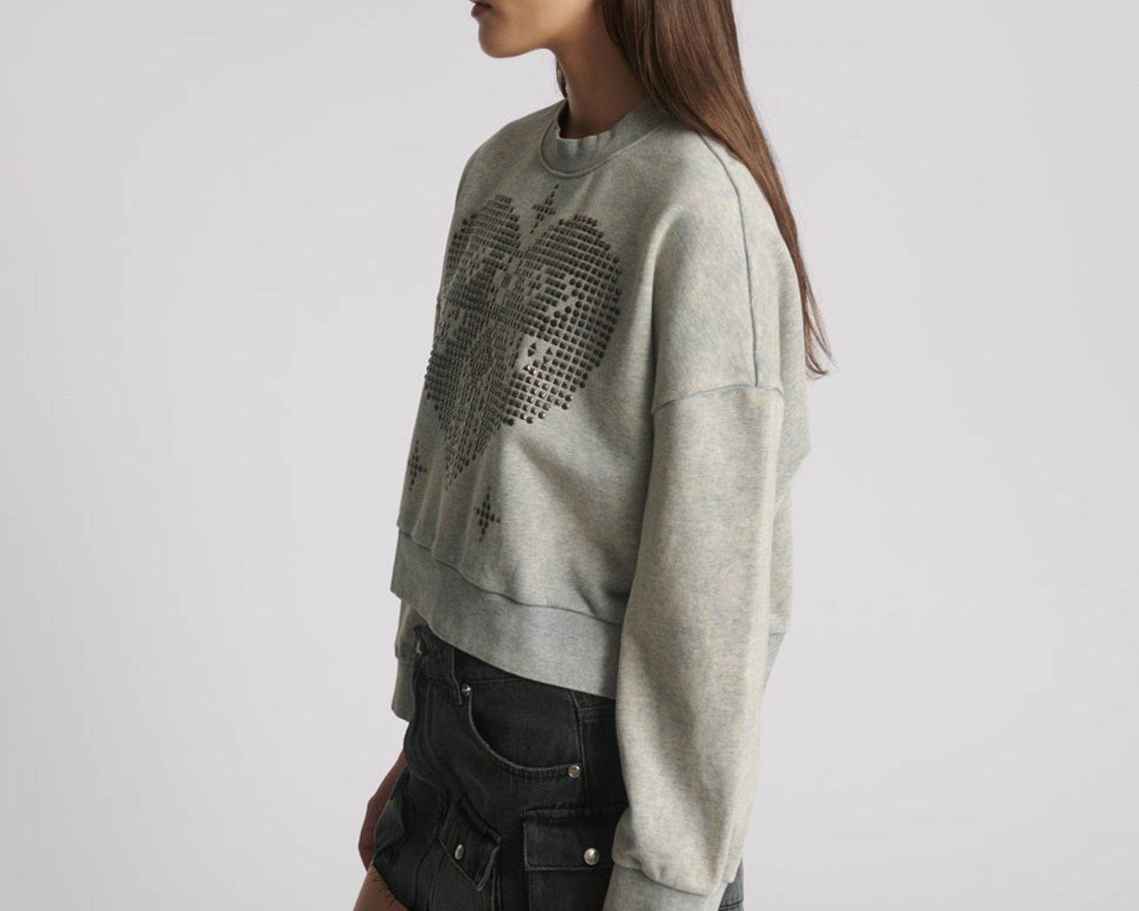 Studded Heart Grey Cropped Sweater - Grey Marl
