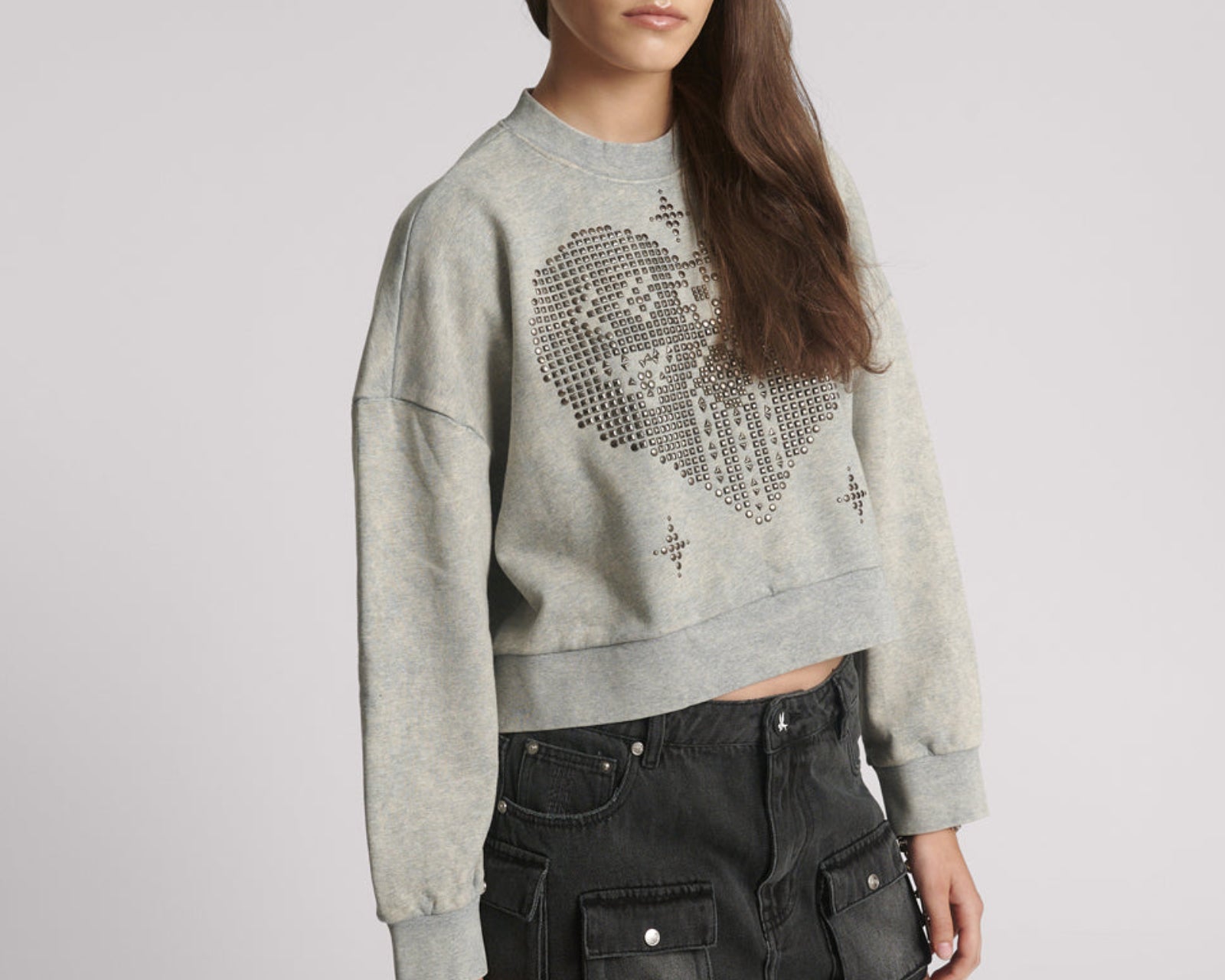 Studded Heart Grey Cropped Sweater - Grey Marl
