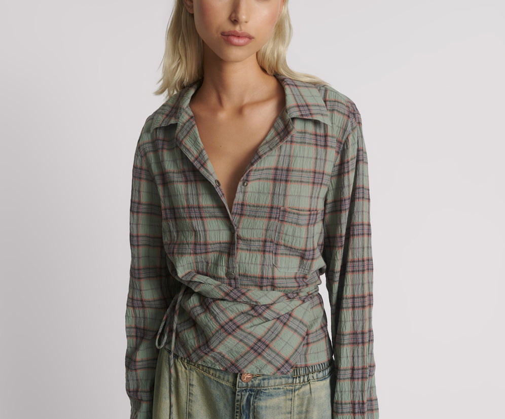 Get Checked Wrap Shirt - Sage
