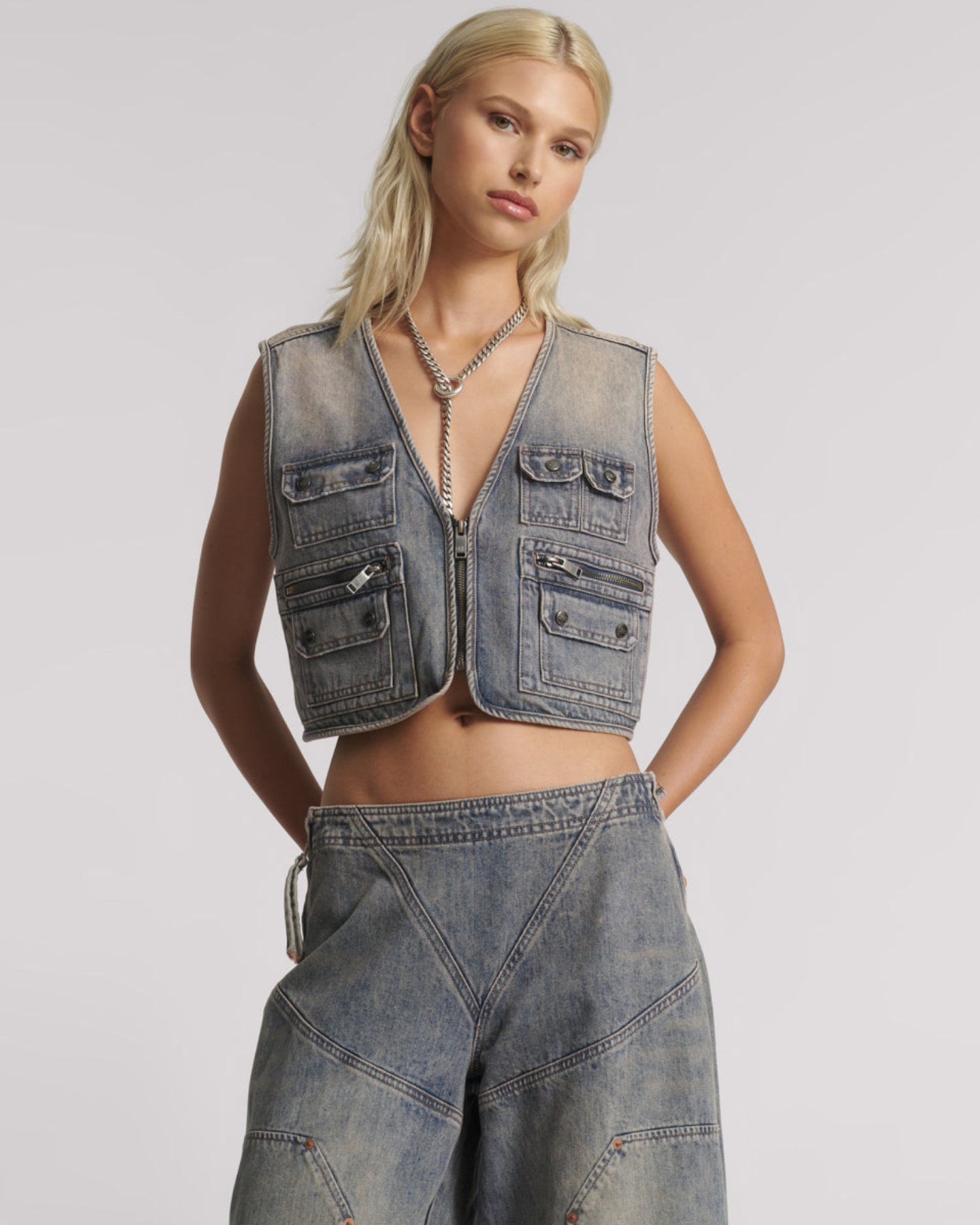 Cropped Denim Utility Vest Island Blue One Teaspoon USA