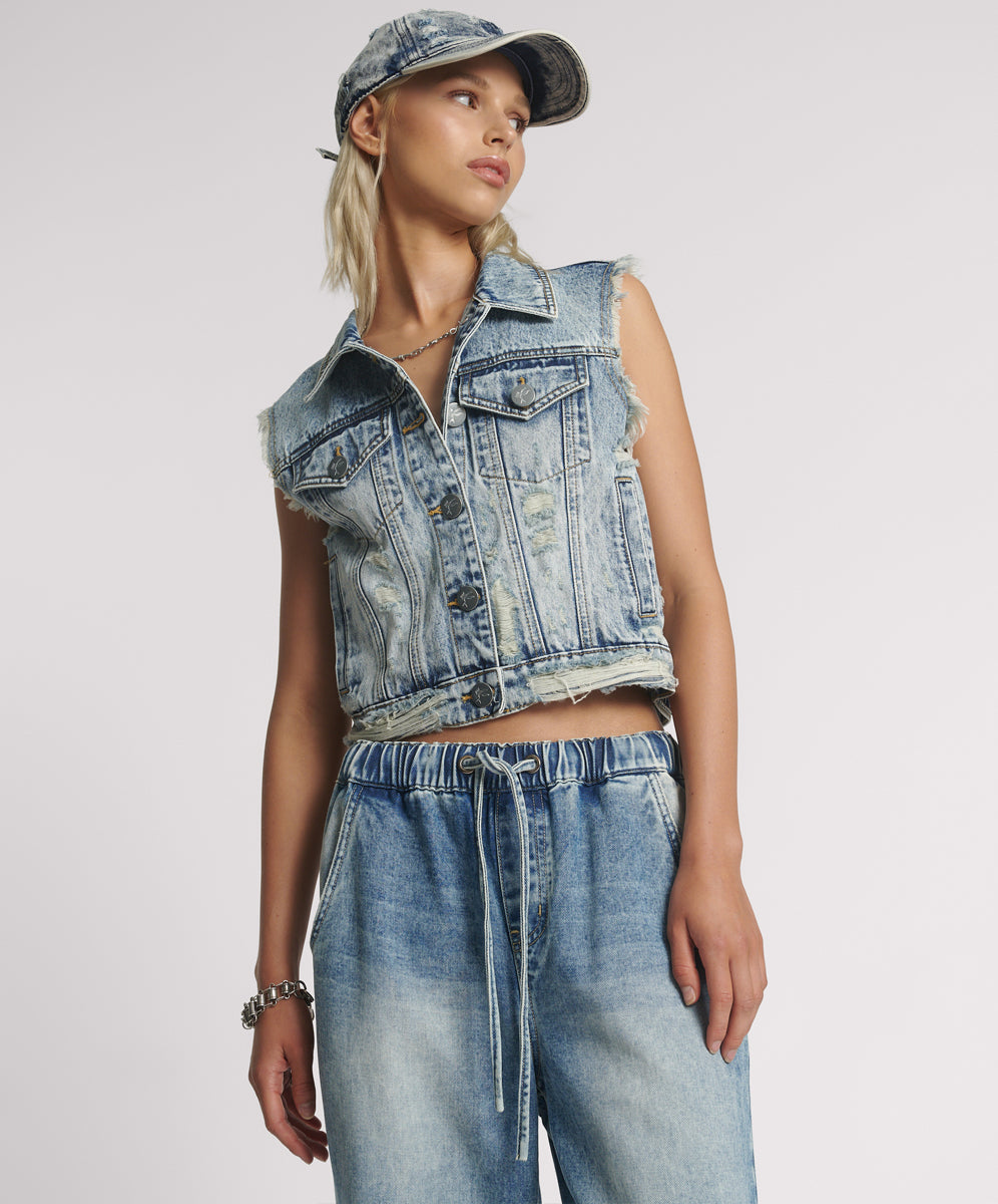 Products Cropped Denim Trucker Denim Vest - Acid Blue