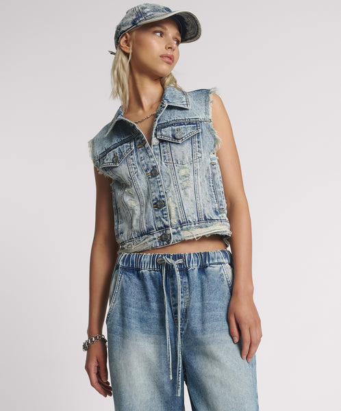 Cropped Denim Trucker Denim Vest - Acid Blue | One Teaspoon USA
