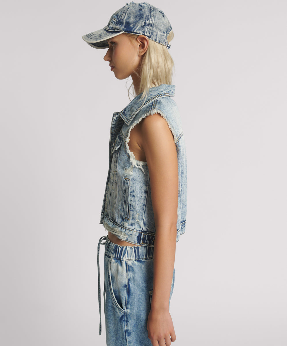 Products Cropped Denim Trucker Denim Vest - Acid Blue