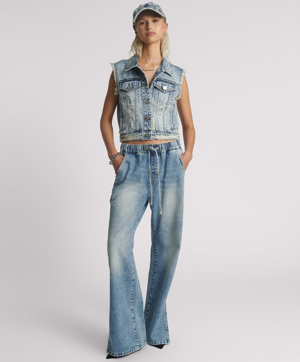 Products Cropped Denim Trucker Denim Vest - Acid Blue