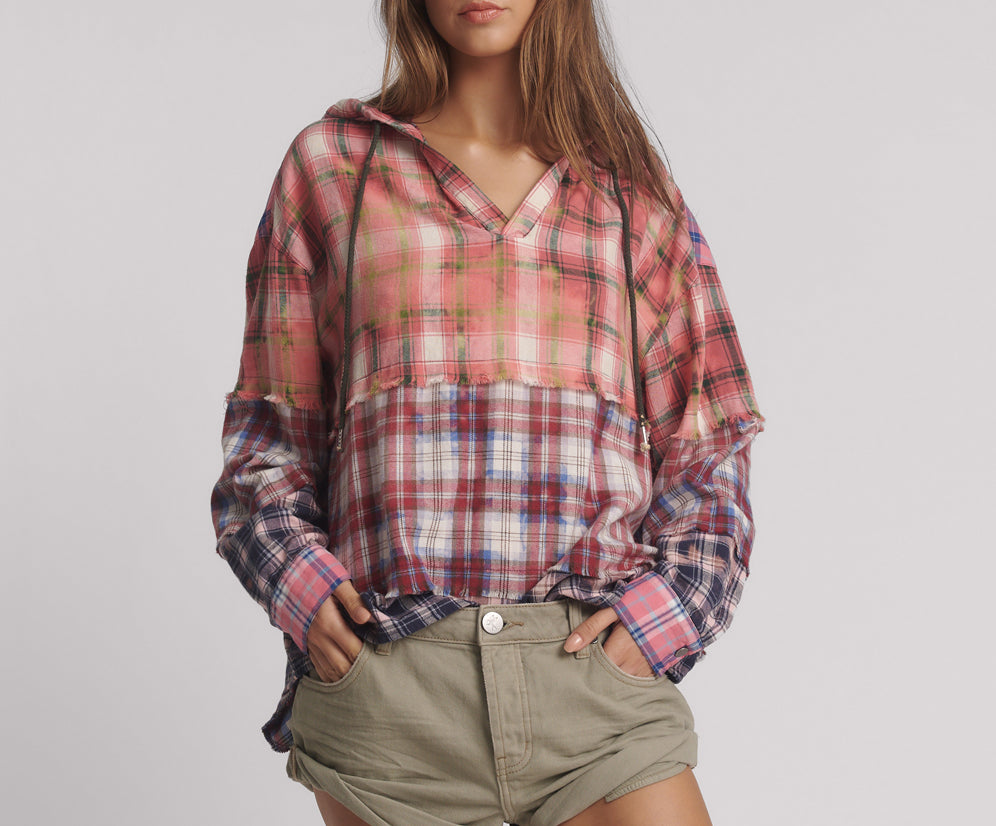 Flannel Acid Wash Hooded Shirt - Multi