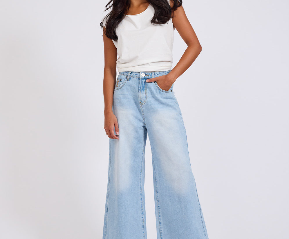 Love Machines Mid Waist Super Wide Leg Heartless Denim Jeans - Blue
