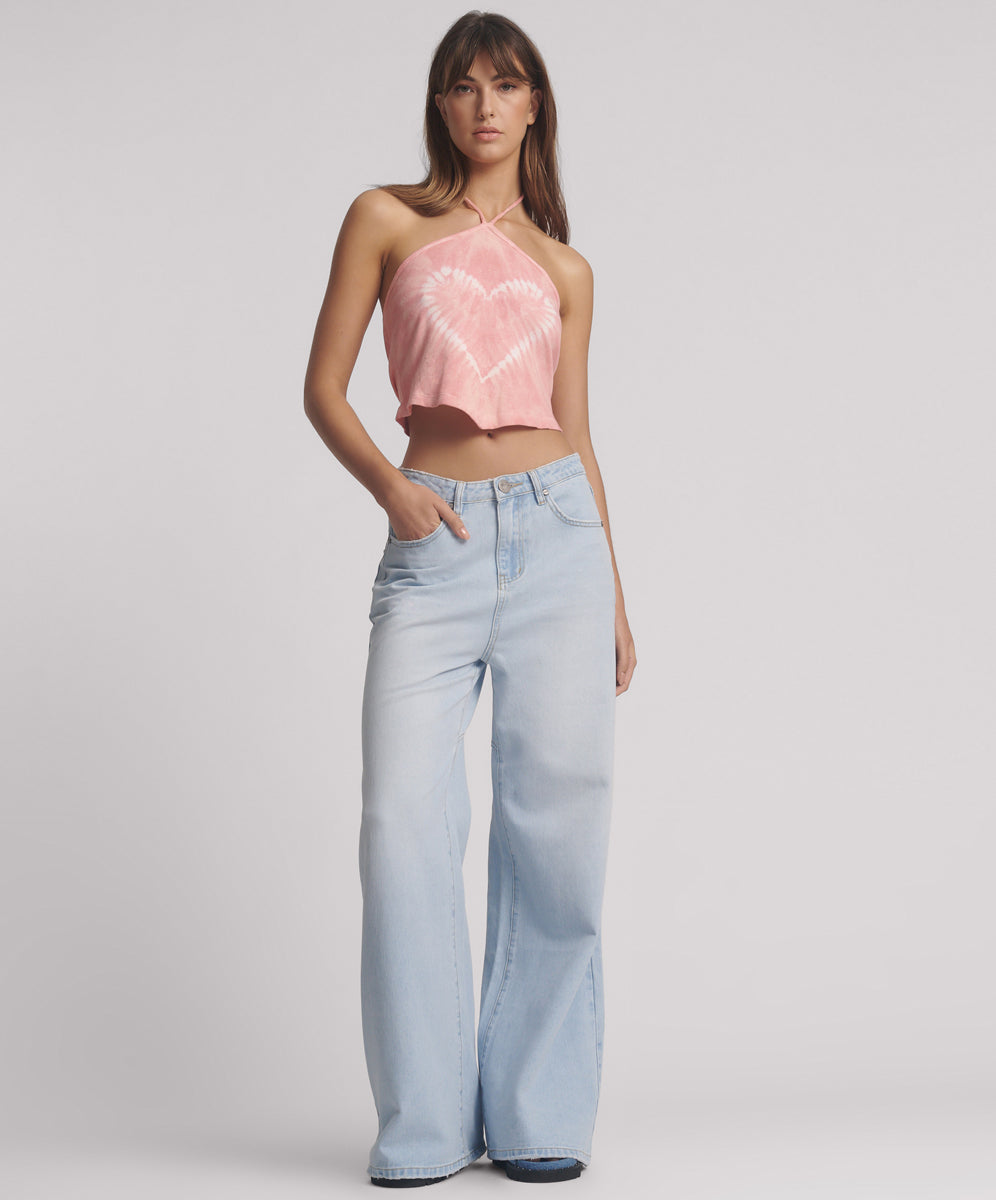 Products Love Machines Mid Waist Super Wide Leg Denim Jeans - Blue Heart