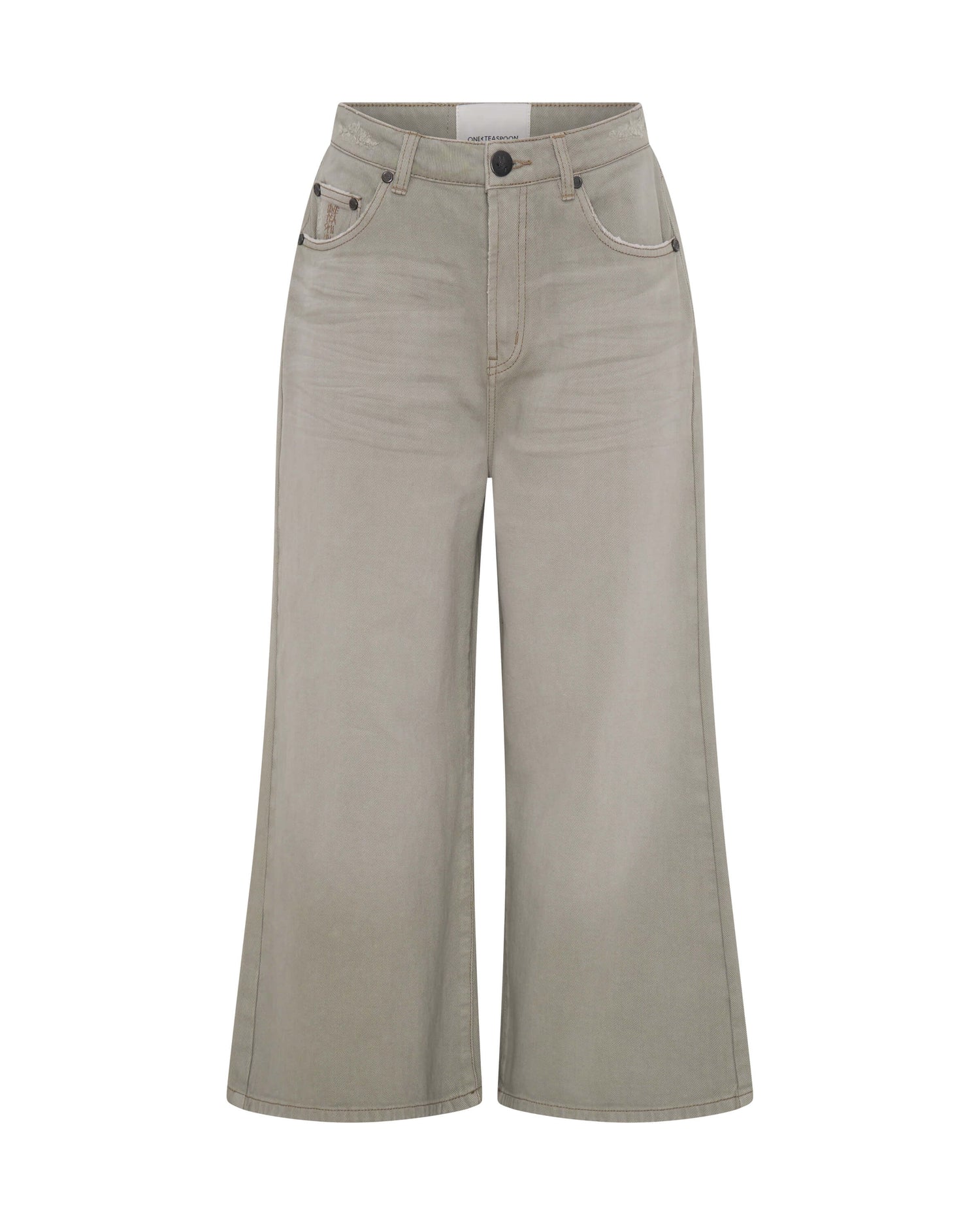 Love Machines Mid Waist Super Wide Leg Cropped Denim Jeans - Faded Khaki