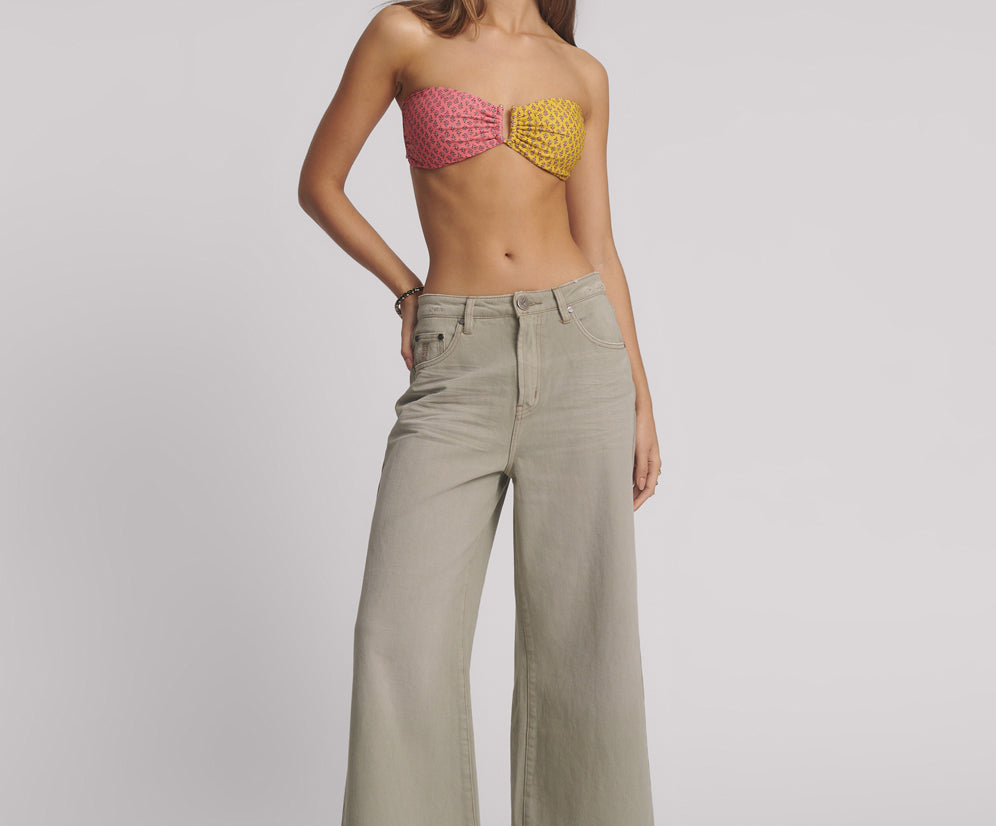 Love Machines Mid Waist Super Wide Leg Cropped Denim Jeans - Faded Khaki