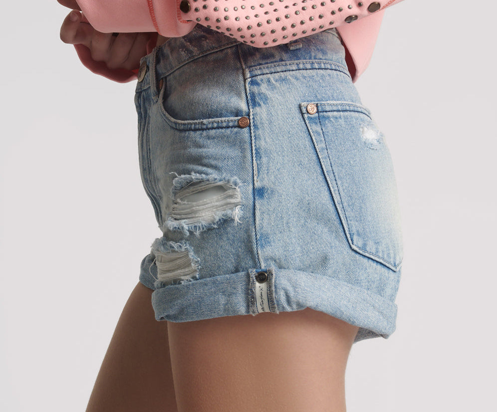 Bandits High Waist Messed Up Denim Shorts - Salty Dog Blue