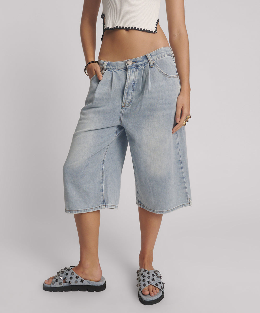 Beastie Low Waist Wide Leg Denim Shorts - Soft Blue | One