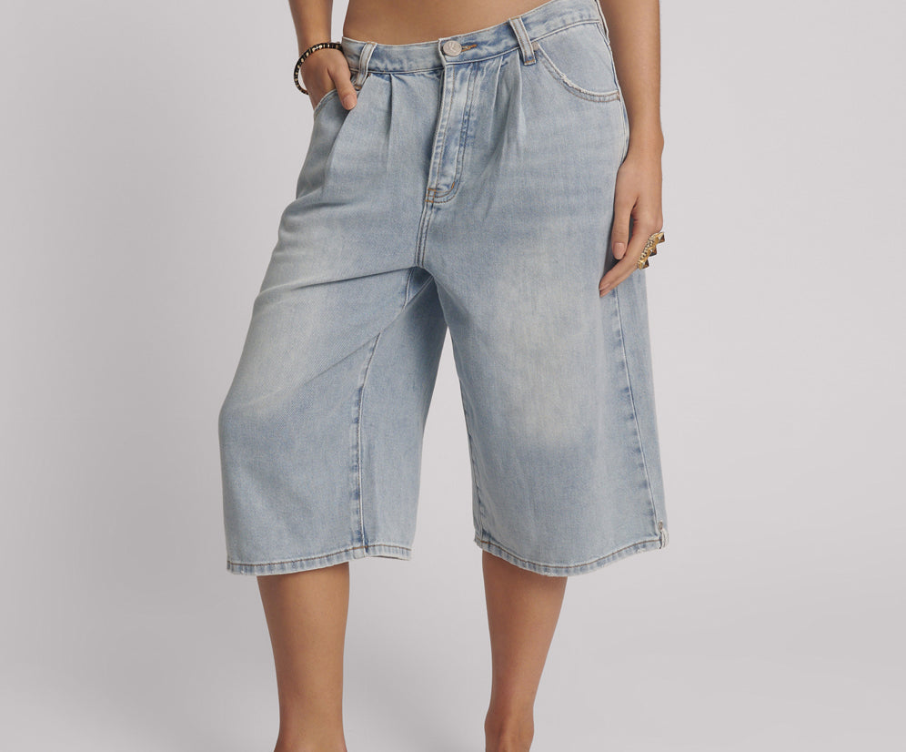 Beastie Low Waist Wide Leg Denim Shorts - Soft Blue
