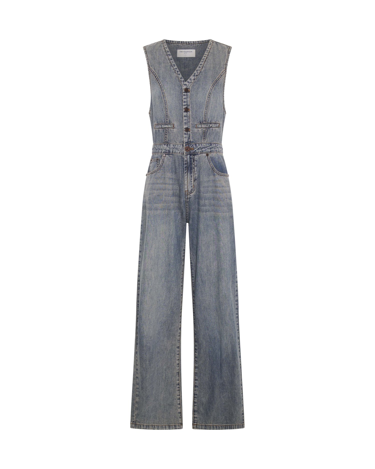 Love Machine Sleeveless Wide Leg Fitted Denim Jumpsuit - Dirty Blue Love