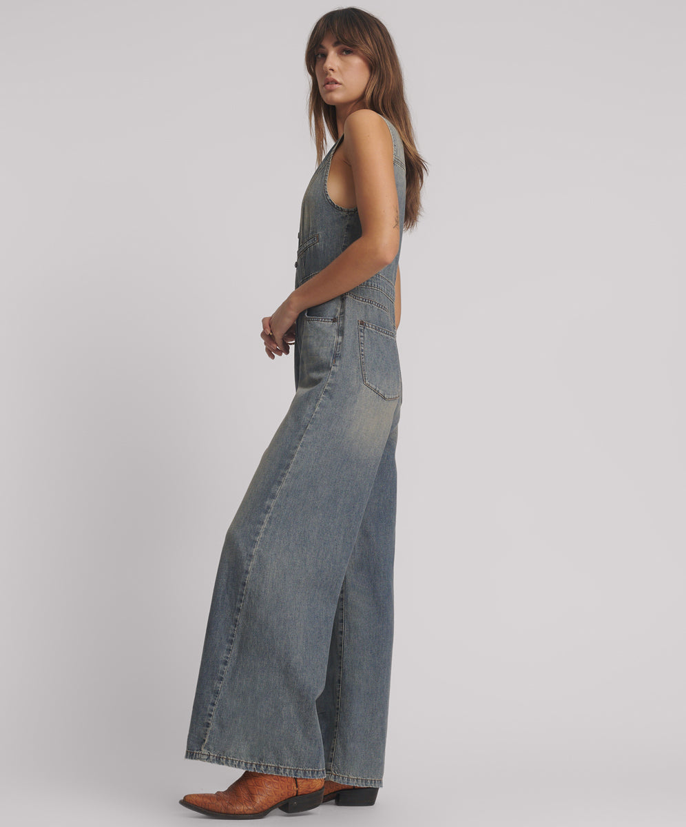 Love Machine Sleeveless Wide Leg Fitted Denim Jumpsuit
