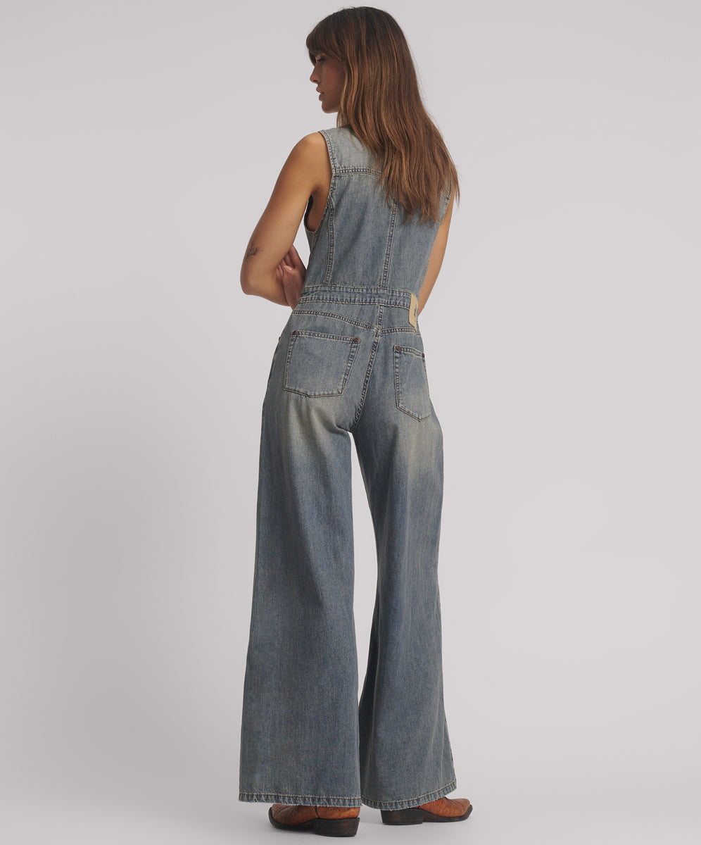 Love Machine Sleeveless Wide Leg Fitted Denim Jumpsuit