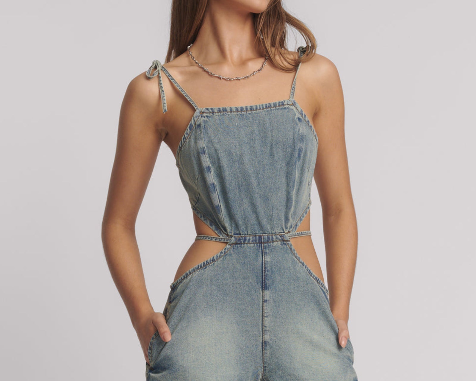 90's Backless Mini Denim Jumpsuit - Sunkissed Blue