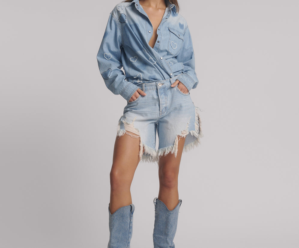 Frankies Low Waist Long Length Denim Shorts - Blue Heart | One Teaspoon USA Frankies Low Waist Long Length Denim Shorts - Blue Heart | One Teaspoon USA
