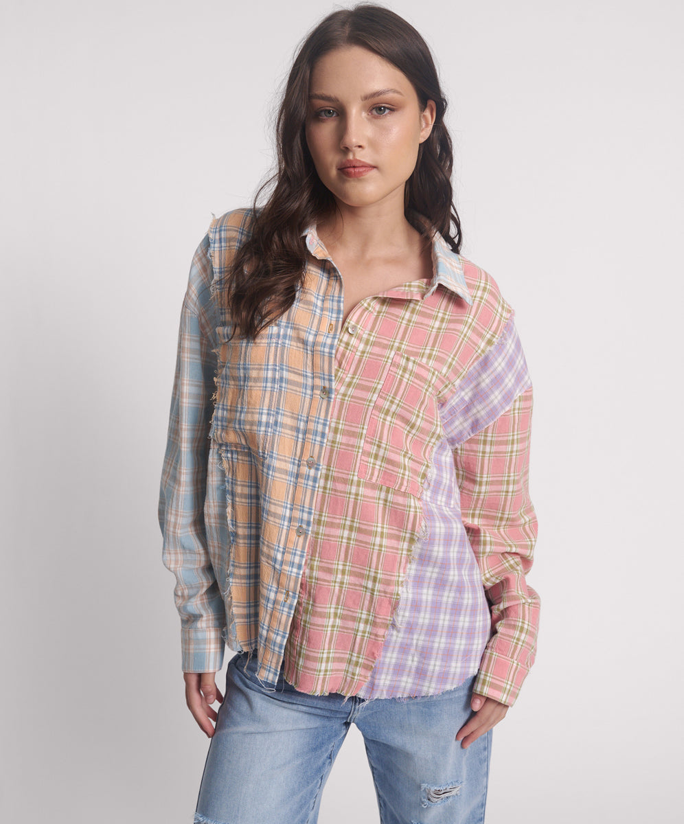Women's Shirts Patchwork Cotton Check Shirt - Checked Print