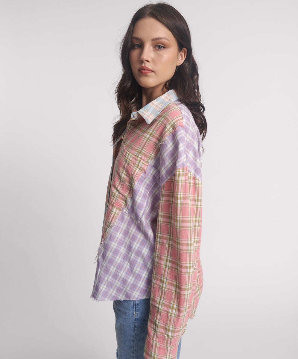 Women's Shirts Patchwork Cotton Check Shirt - Checked Print