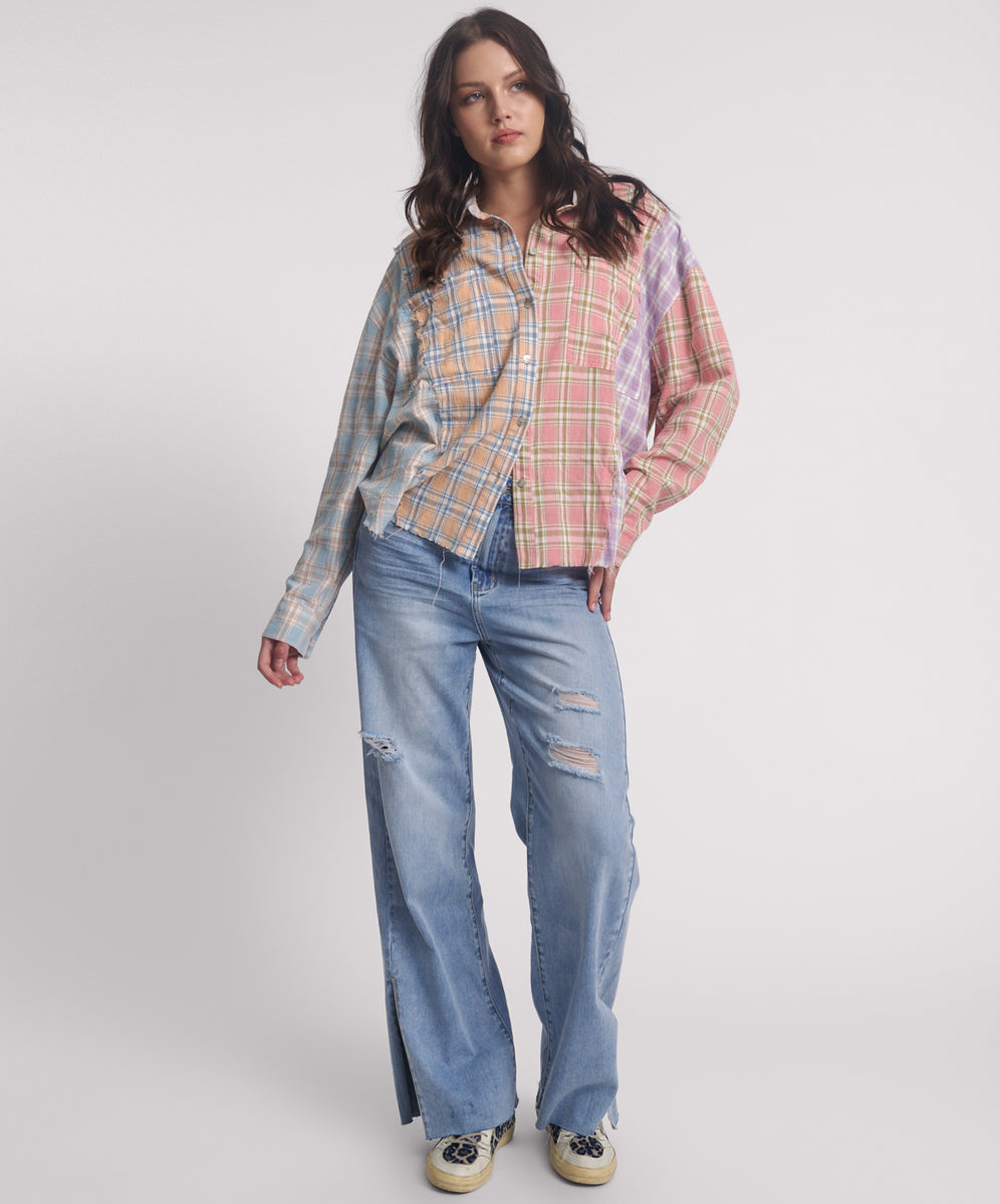 Women's Shirts Patchwork Cotton Check Shirt - Checked Print