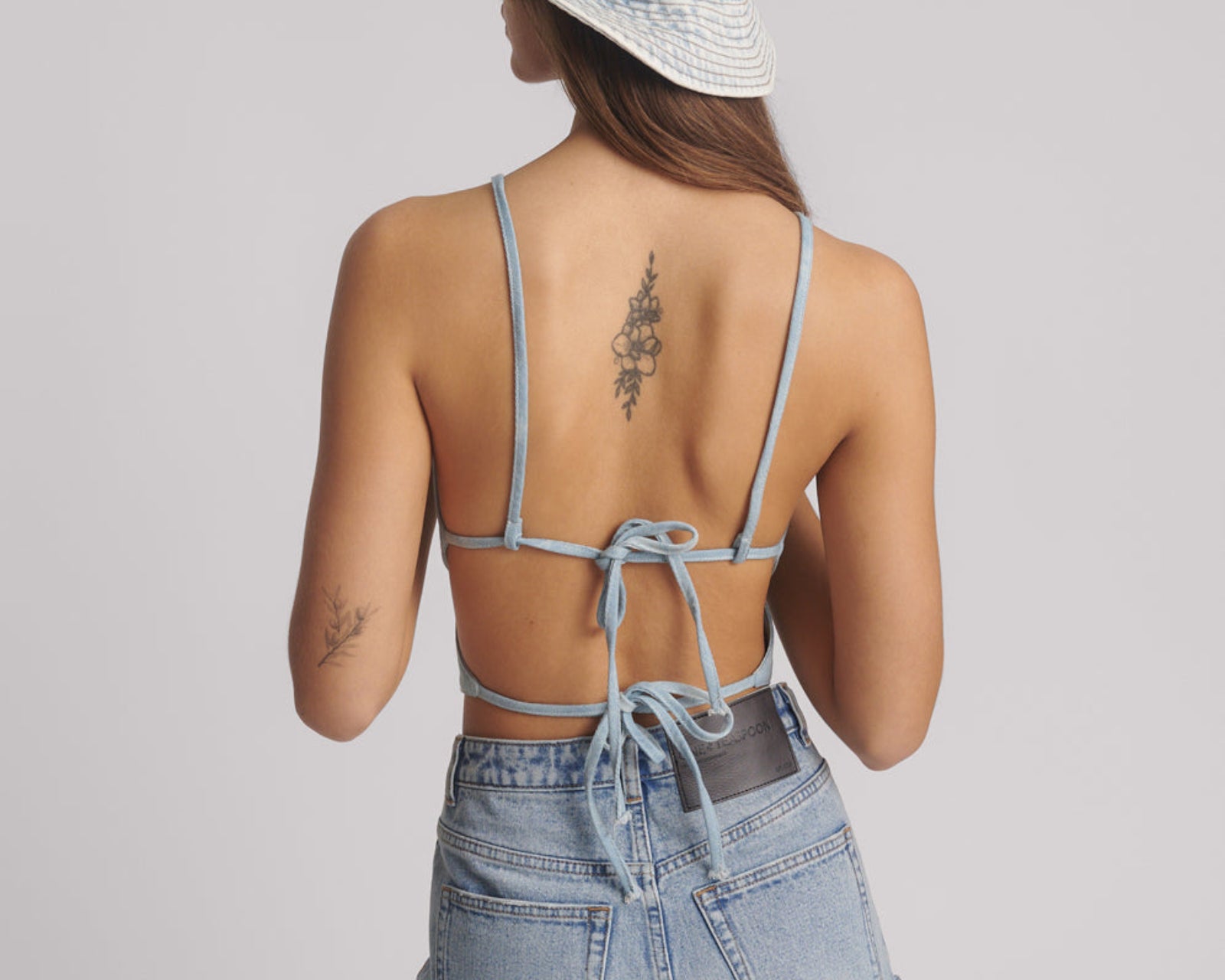 Denim Flower Backless Crop Top - Cloudy Blue