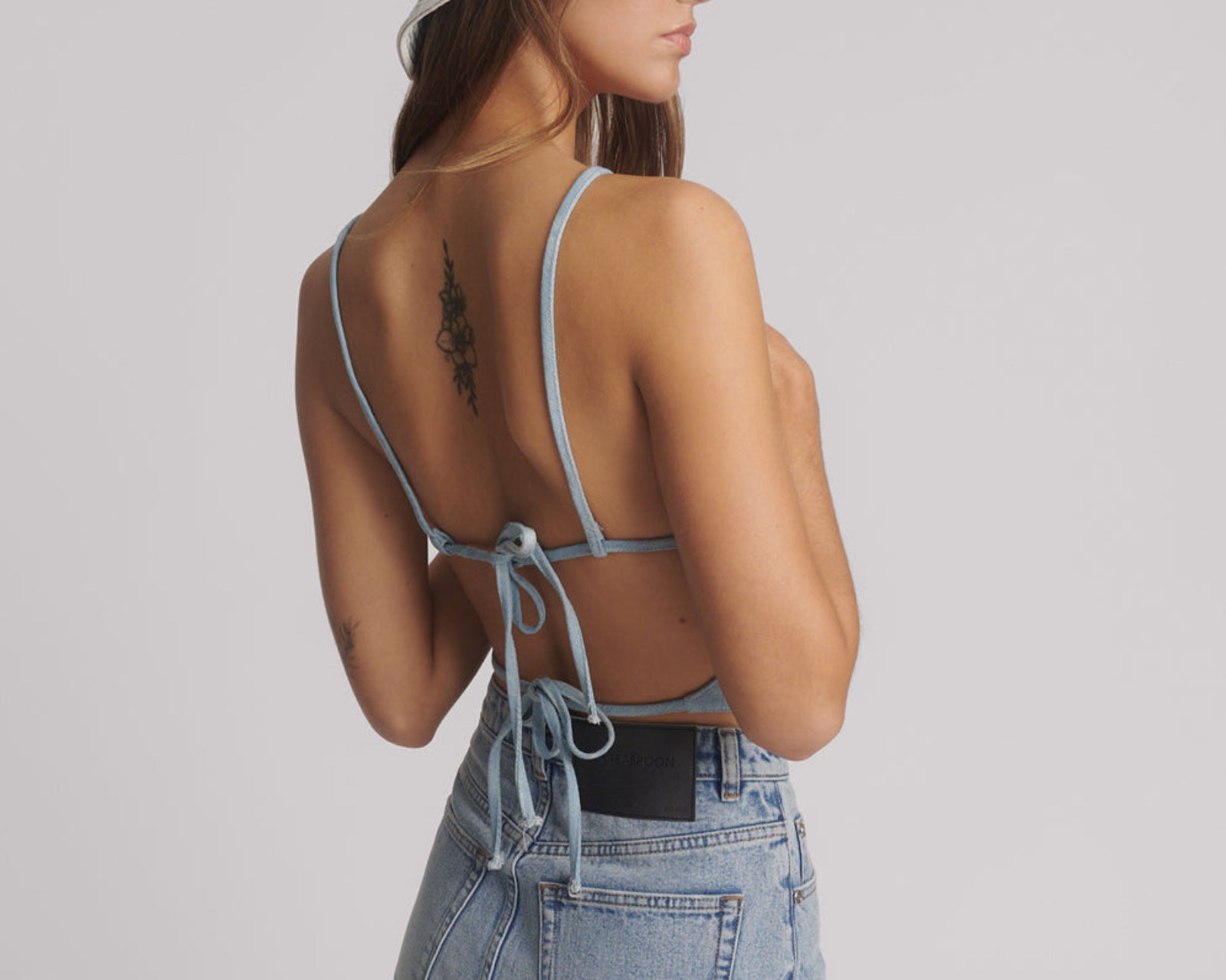 Denim Flower Backless Crop Top - Cloudy Blue