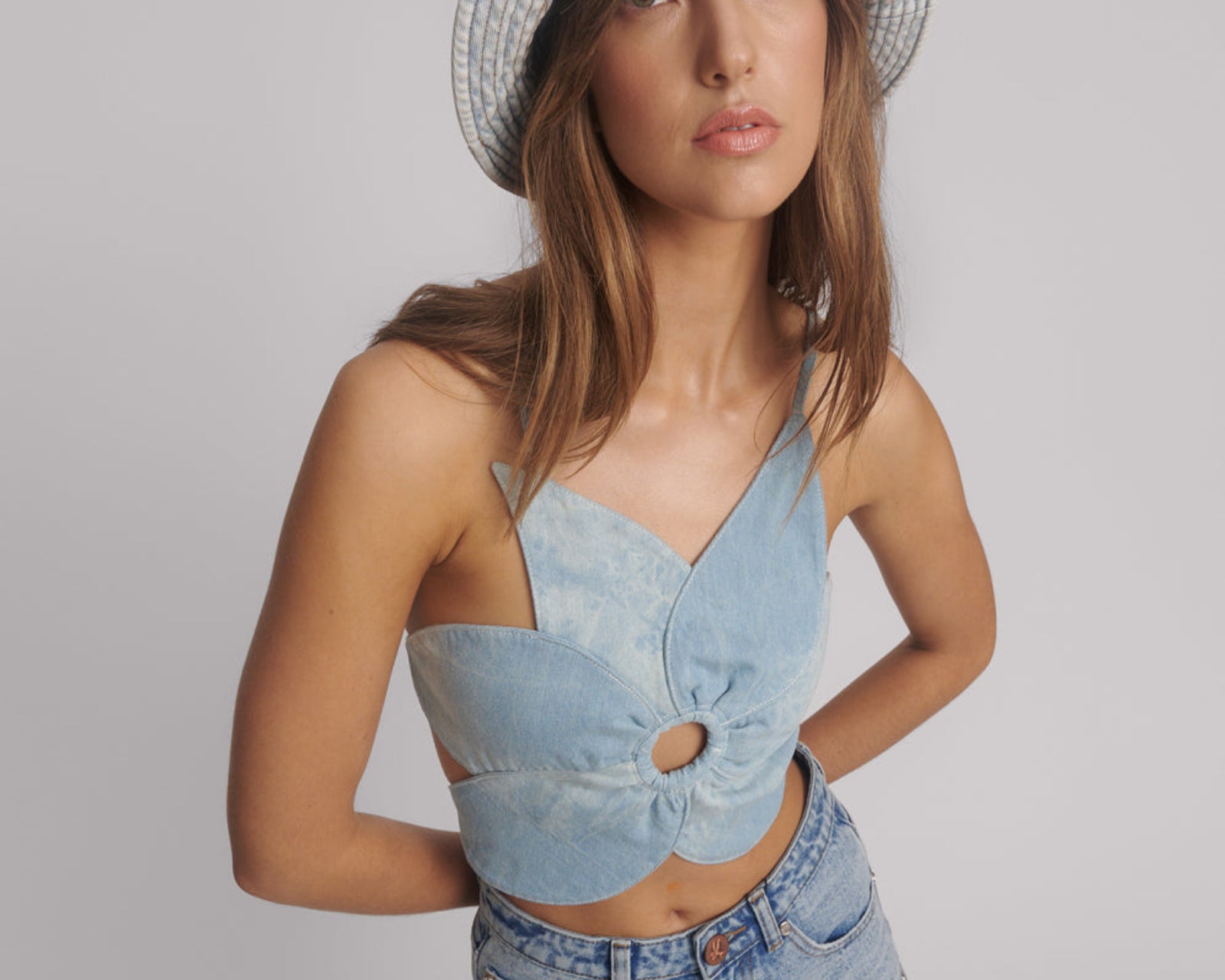 Denim Flower Backless Crop Top - Cloudy Blue