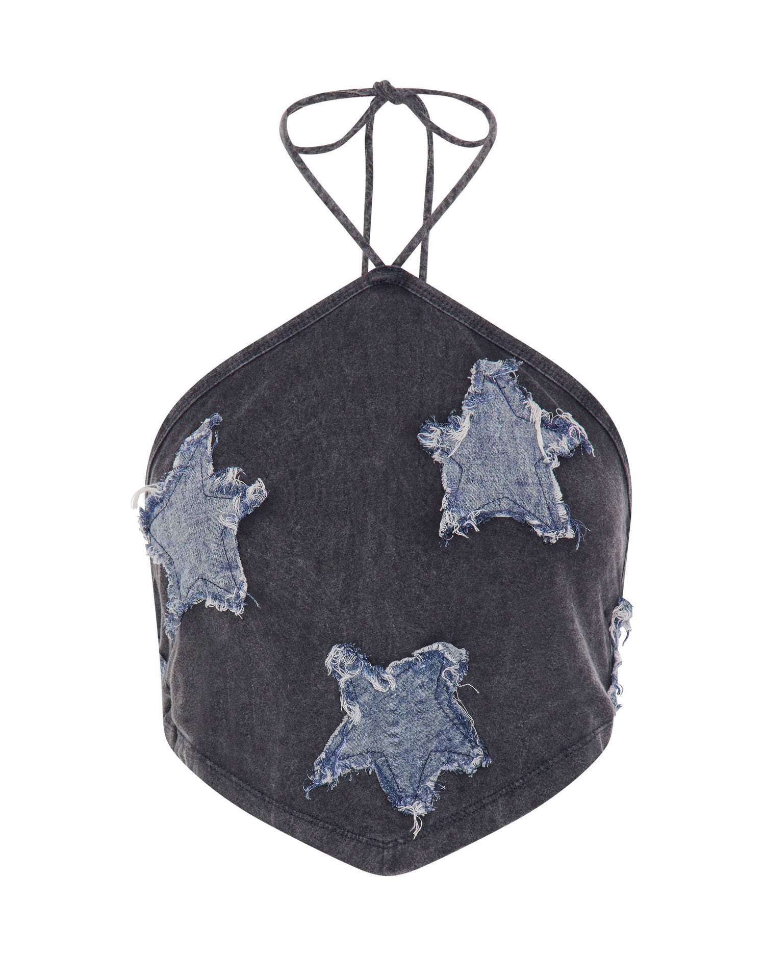 Applique Star Halter Crop Top - Washed Black