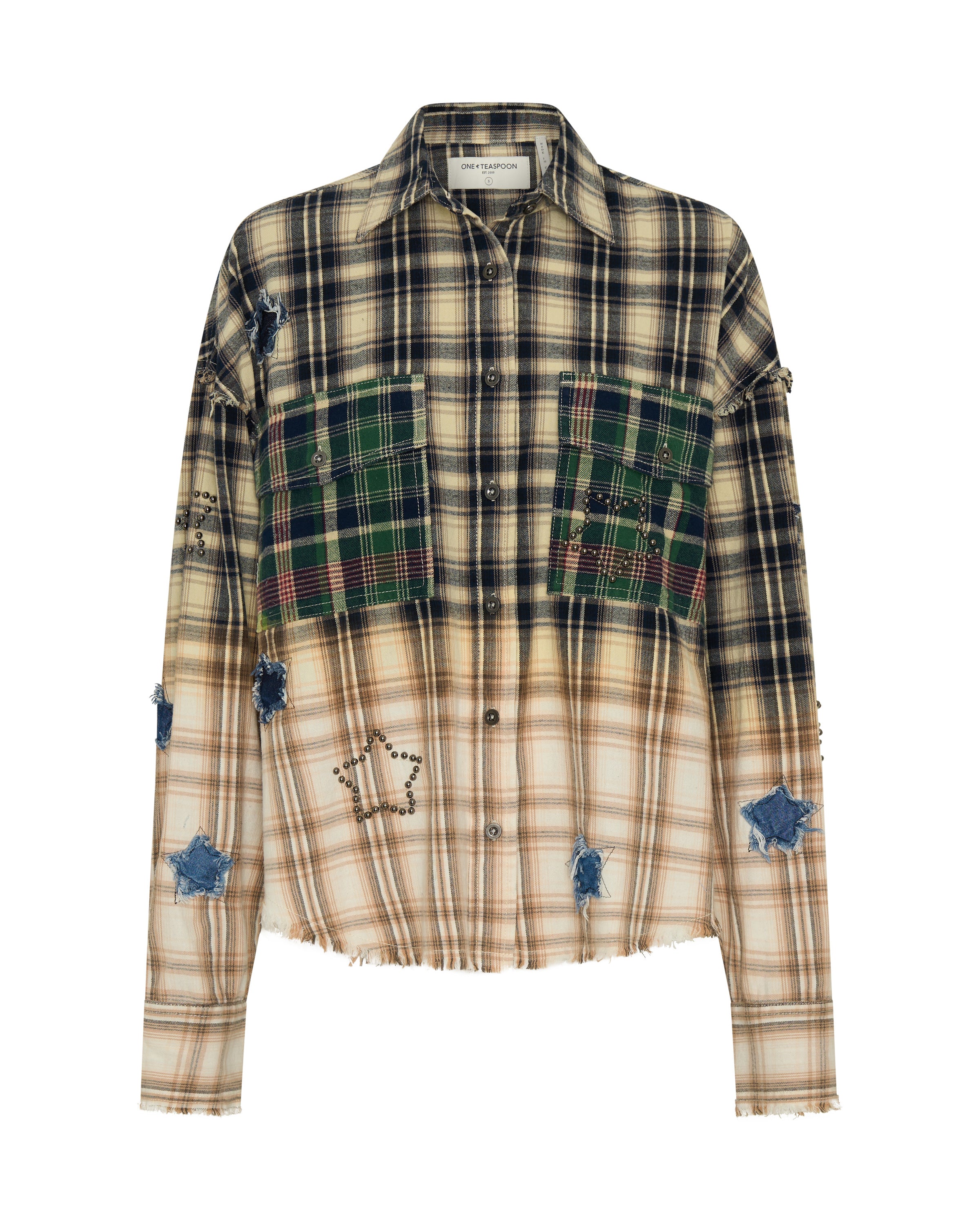 Flannel Star Studded Shirt - Cream Blue Check | One Teaspoon USA