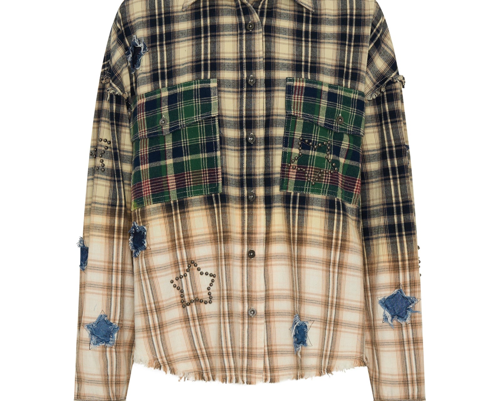 Flannel Star Studded Shirt - Cream Blue Check