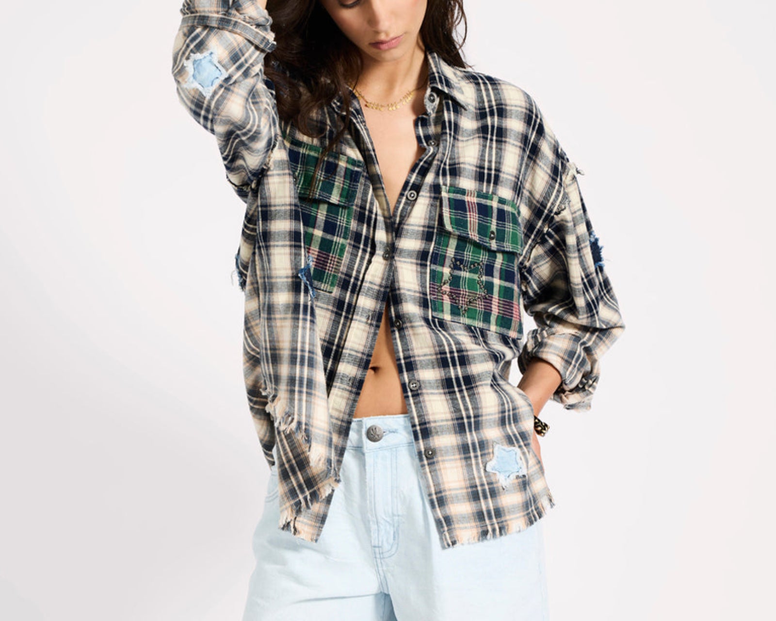 Flannel Star Studded Shirt - Cream Blue Check